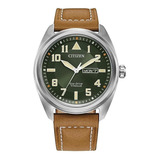 Citizen Avion Green Dial Leather Strap Bm8560-02x . Dcmstore Color De La Correa Café Color Del Bisel Plata Color Del Fondo Verde