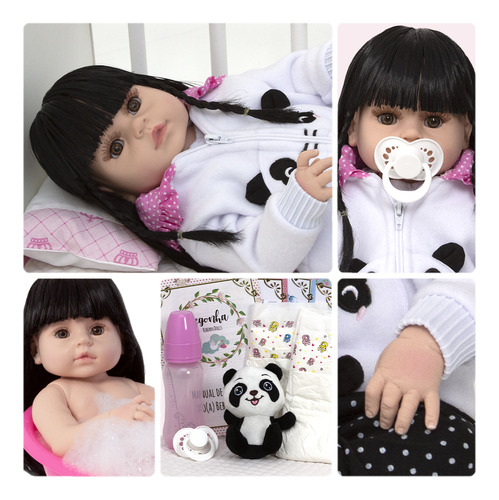 Boneca Reborn Panda Corpo De Silicone 13 Acessórios Morena