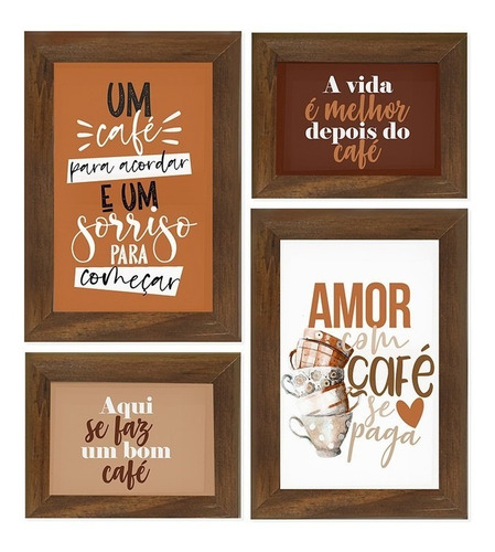 Kit 4 Quadros Decorativo Frases Café Amor