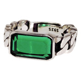 Anillo Para Caballero Cristal Verde Cuadrado Plata 925 Ajust