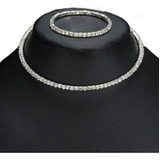 Conjunto Pulseira Colar Prata 1 Volta Gargantilha Strass C46