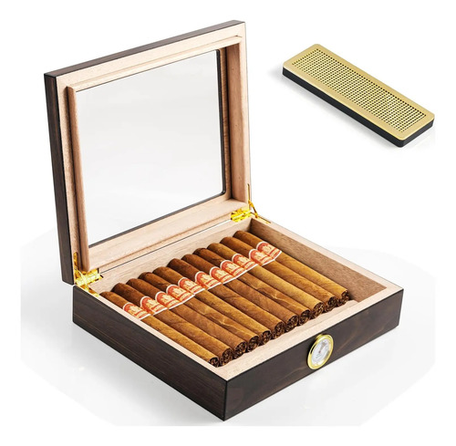 Humidor Cigarro Puro De Cedro C/ Higrómetro Tapa Cristal
