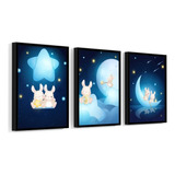 Kit 3 Quadros Coelho Baby Lua Estrela Cadente Infantil 20x30