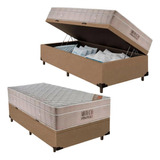 Cama Box Baú Solteiro King E Colchão Molas Airtech Bege 96cm