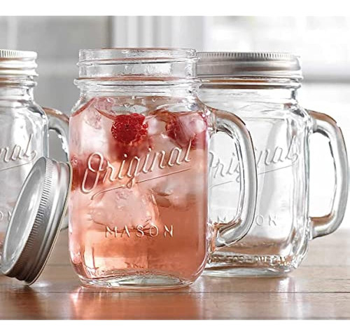 Mason Jar 16 Oz. Juego De 4 Tazas De Vidrio Con Asa Y Tapa D