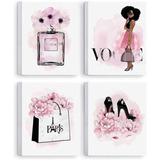 Set 4 Cuadros Decorativos Arte Fashion Mujer Rosa Canvas 