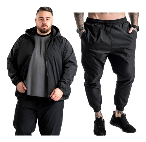 Abrigo Jaqueta Corta Vento + Calça Masculina Cor Preto Lisa 