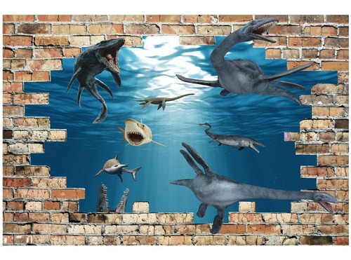 Vinilos Efecto 3d Hueco Pared Dinosaurios Marinos 1m X 60cm