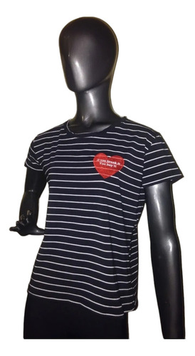 Remera Rayada Viscosa Algodon Bordada Corazón