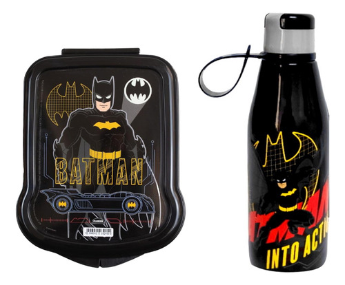 Kit Infantil Batman Garrafa E Sanduicheira Para Pão De Forma