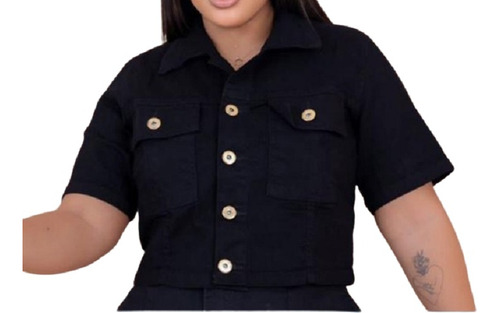 Blusa Cropped Camisa Plus Size Jeans Feminina Sarja Curta 