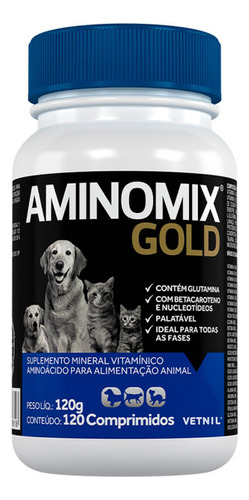 Aminomix Gold 120 Comprimidos Suplemento Para Cães E Gatos