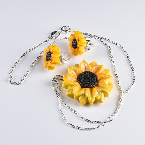 Conjunto Collar Y Aros Girasol Acero Quirúrgico Para Regalo 