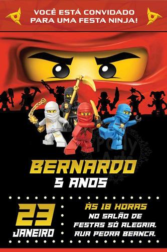 Arte Convite Digital Virtual Ninjago Vermelho Ninja Lego