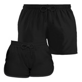 Kit Short Casal Tactel Liso Combinando Moda Praia Academia