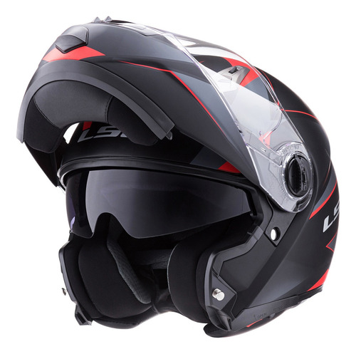 Casco Moto Ls2 Rebatible 370 Stripe Negro Rojo Doble Visor