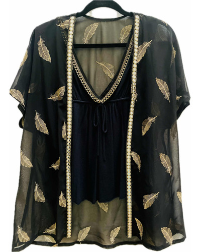 Kimono Negros C Plumas Bordadas