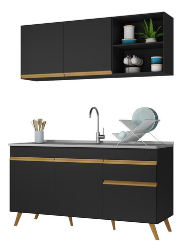 Armário De Cozinha Compacta 150cm Veneza Multimóveis V2079 Cor Preto/dourado