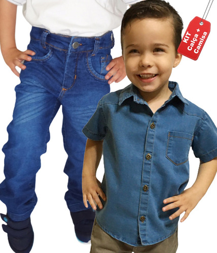 Kit Calça + Camisa Jeans Infantil Menino Masculina Criança