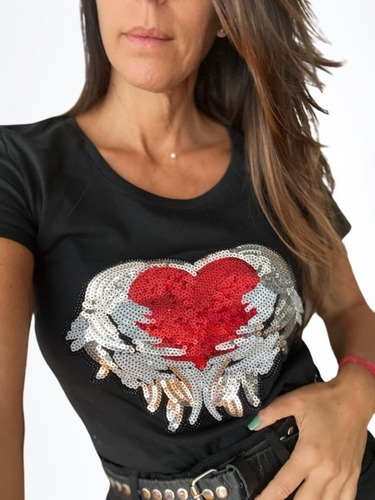 Remera Bordada Lentejuelas Mujer - Corazón Con Alas