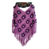 Poncho Tejido  Crochet Algodón Con Flores Moradas