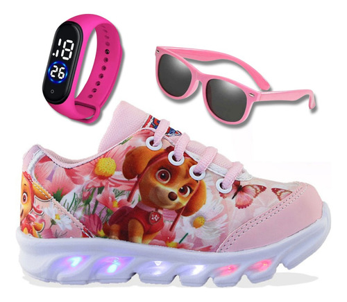 Tênis De Led Infantil Feminino Sky Mais Relógio E Oculos