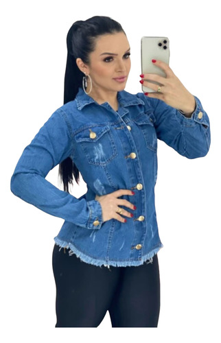 Maxi Jaqueta Jeans Feminina Detalhe Rasgadinho Com Botões