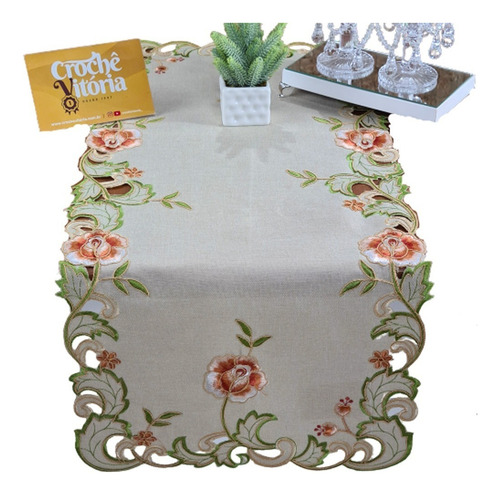 Caminho De Mesa Guippir Bordado Renda 90cm Holanda Flor Luxo Cor Bege Com Flor Telha