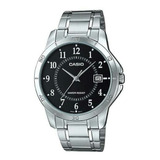 Reloj Casio Modelo Mtp-v004 Metal Plateado Carátula Negra