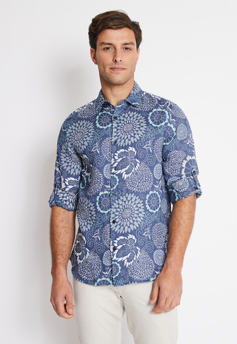 Camisa Hombre Manga Larga Lino Estampada Azul Piedra