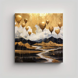 20x20cm Paisaje Globos Papel Dorado Bastidor Madera Flores