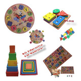 Kit Brinquedo Pedagógico Relógio, Prancha, Cubo E  Alfabeto