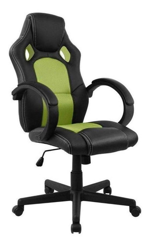Cadeira De Escritório Pelegrin Pel-3002 Gamer Ergonômica  Preto E Verde Com Estofado De Couro P.u.