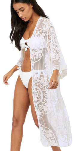 Ropa Sexy De Verano Tipo Kimono Corto Transparente De Encaje