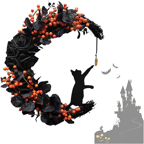 Corona De Gato Con Luna De Halloween Para Decoración De Casa