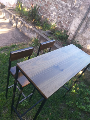 Barra  + 2 Banquetas Con Respaldo Bar Madera Hierro