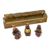 Incensário Madeira Indiano + Trio Buda Monge Meditação Kit