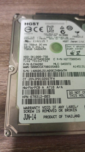 Hdd 750 Gb 2,5 , Notebook Hgst Jd1a09ezhbkw7m 