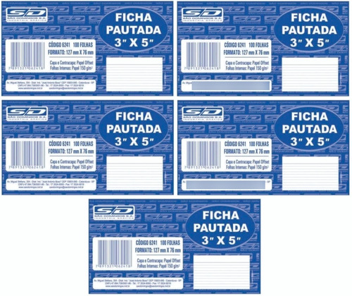 Ficha Pautada 3x5 São Domingos 100 Folhas Kit 5 Pct