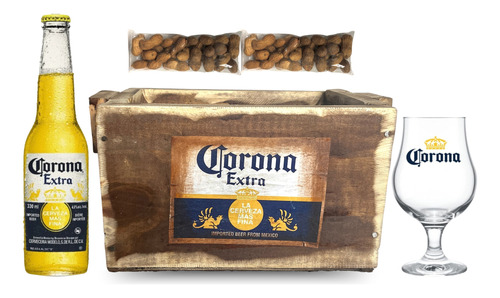 Cajón Vintage + Corona 330ml + Copa + Maní - Pérez Tienda