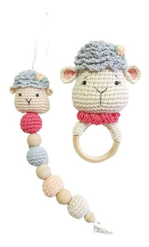 Sonajero Y Portachupete Para Bebé Oveja Amigurumi 