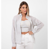 Conjunto Cropped Camisa Feminino  Listrado Verao