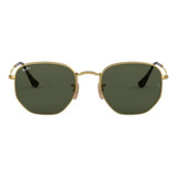 Óculos De Sol Ray-ban Round Hexagonal Flat Lenses Extra Large Armação De Aço Cor Gold, Lente Green De Cristal Clássica, Haste Gold De Aço - Rb3548n