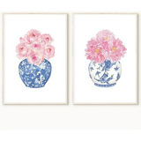 Arte Floral En Acuarela Rosa Y Azul Con Jarrón Chinoiserie -