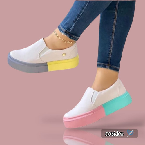 Zapatillas Slip-ons Mujer Van Lona Dama Arcoiris Cosidos