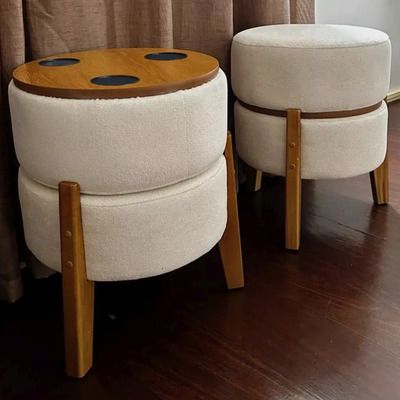 Kit 2 Pufe Mesa 45x38 Tecido Bouclê Sala Redondo Decorativo Bouclê Cru Porta Copos