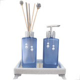 Kit Lavabo Azul Fosco Porta Sabonete Líquido Difusor Bandeja