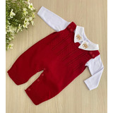 Saída De Maternidade Tricot Jardineira Vermelha + Body Urso