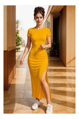 Vestido Ajustado Manga Corta Cuello Redondo Abertura Mujer | MercadoLibre