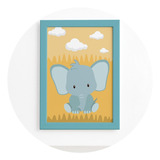 Quadro Infantil Safari Elefante Quarto Moldura Azul 22x32